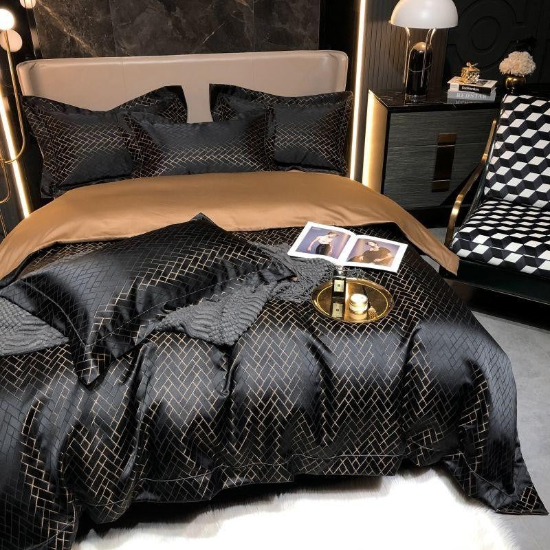 Talia Black Gold Cotton Satin Bedding Set | 3CARATS