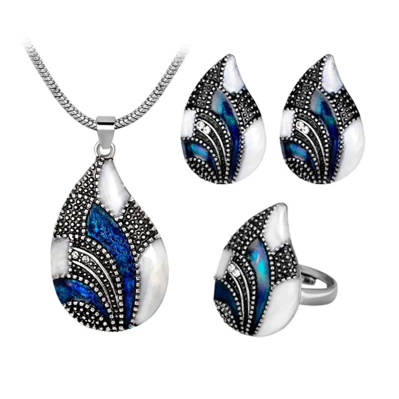 Style Loft Collection Peacock Tail Sapphire Necklace, Ring, and Earring Set