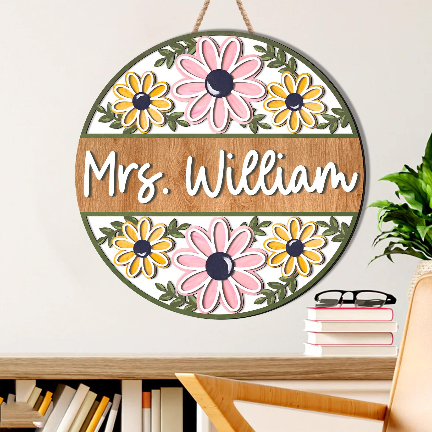 Retro Floral Teacher Door Sign - Personalized Round Wood Sign - Back To School, 1st Day of School - Custom Gift For Teachers & Educators, Classroom Decoration