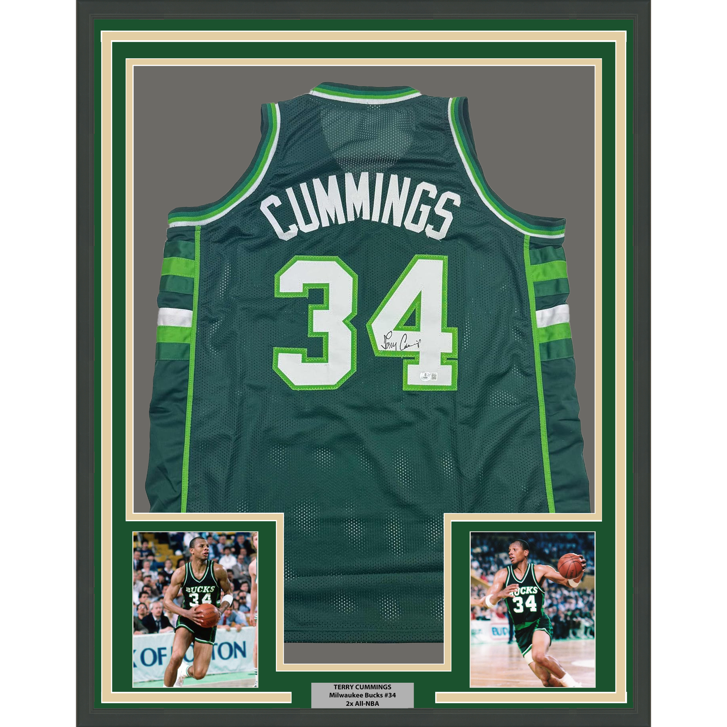 Framed Autographed/Signed Terry Cummings 35x39 Milwaukee Green Basketball Jersey Beckett BAS COA