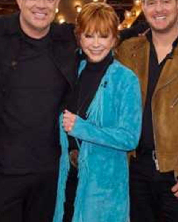 The Voice S28 Reba McEntire Blue Suede Fringe Coat