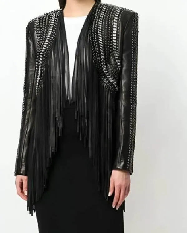 The Voice Reba McEntire Black Fringed Leather Jacket