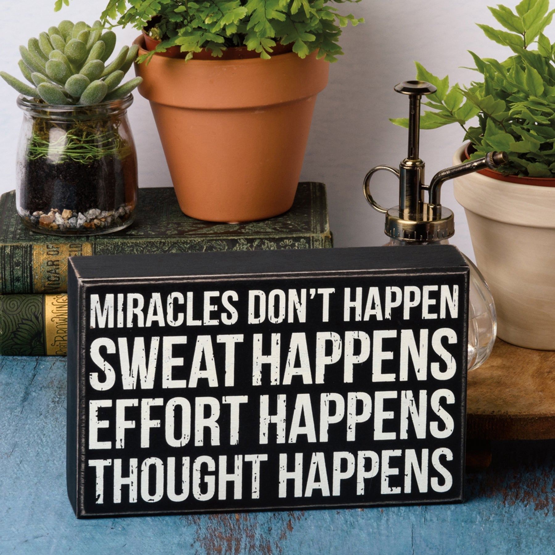 Thought Happens Inspo Box Sign | Classic Black &amp;amp; White Wooden Sign Display | 8&amp;quot; x 5&amp;quot;