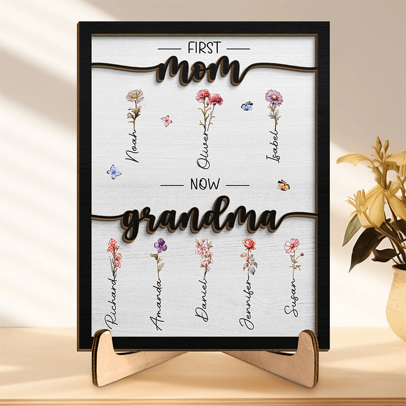 Custom Birth Month Flower First Mom Now Grandma - Personalized Two-layer Wooden Plaque - Gift for Grandma, Grandparent | Mother's Day, Birthday