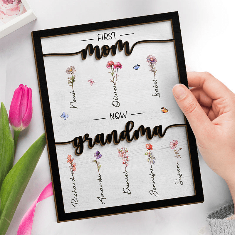 Custom Birth Month Flower First Mom Now Grandma - Personalized Two-layer Wooden Plaque - Gift for Grandma, Grandparent | Mother's Day, Birthday