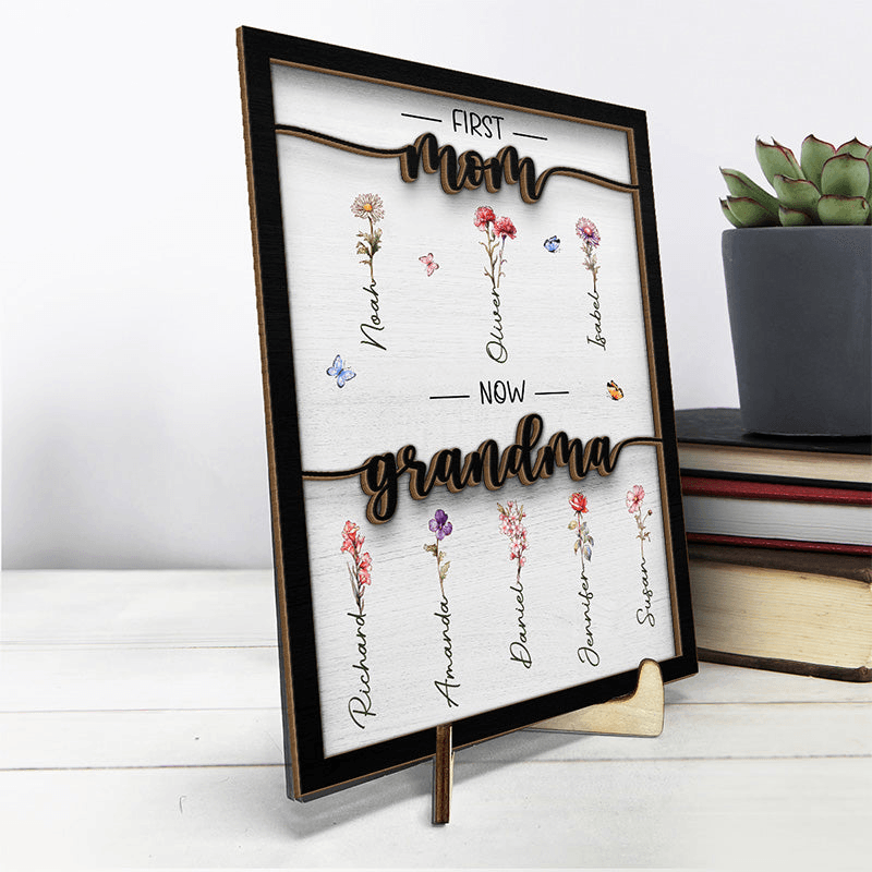 Custom Birth Month Flower First Mom Now Grandma - Personalized Two-layer Wooden Plaque - Gift for Grandma, Grandparent | Mother's Day, Birthday