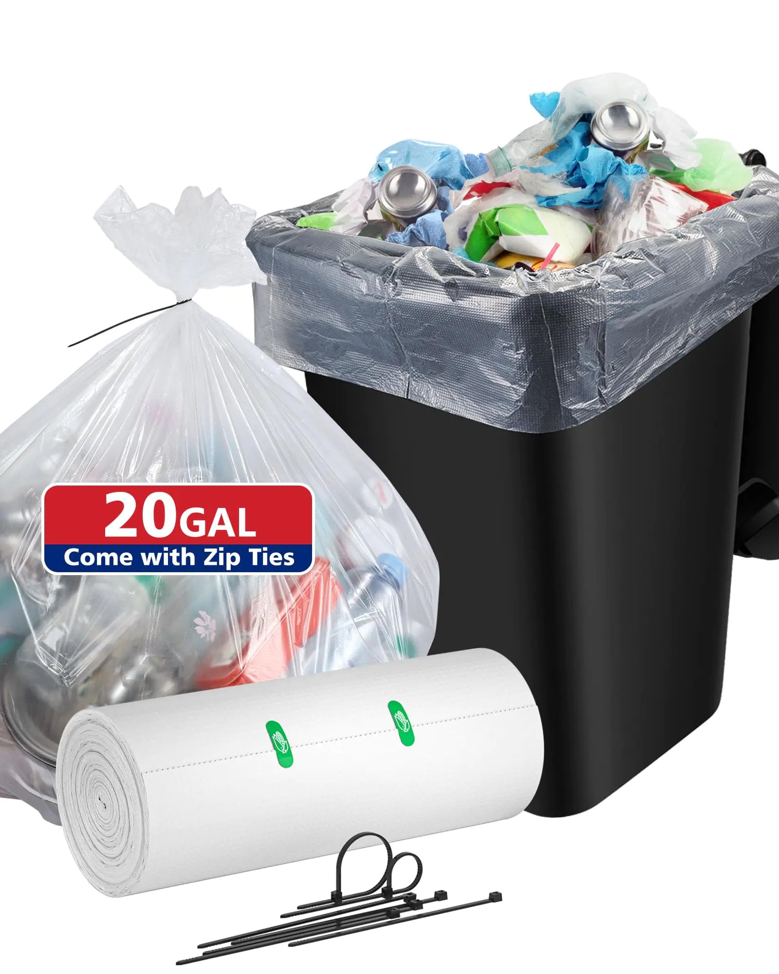 Style Loft Collection Clear 25 Count Trash Bags Size 75.7L / 20 Gallon Contain 50% Recycled Plastic with Zip Ties 30&amp;quot;W x 35&amp;quot;H