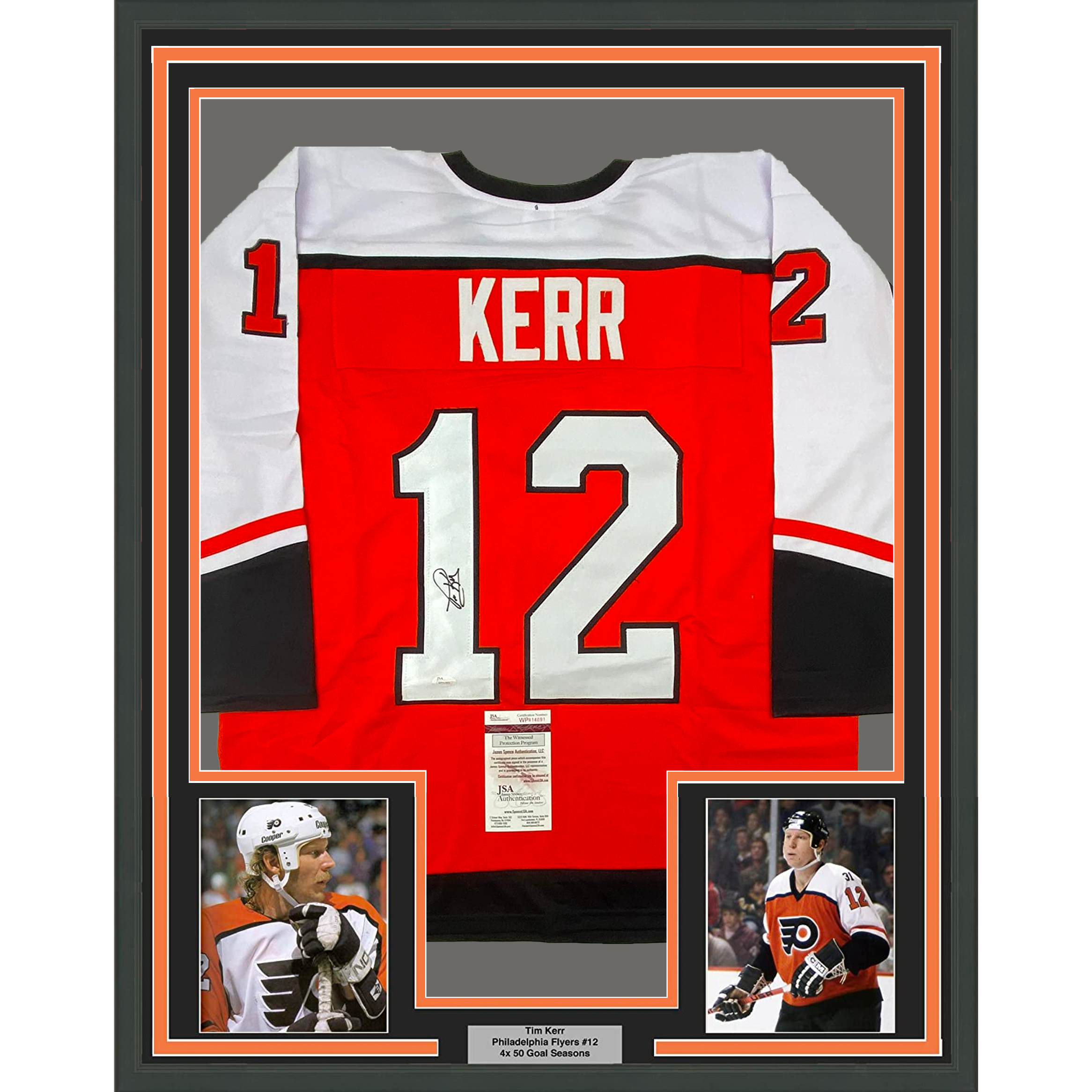 Framed Autographed/Signed Tim Kerr 35x39 Philadelphia Orange Hockey Jersey JSA COA