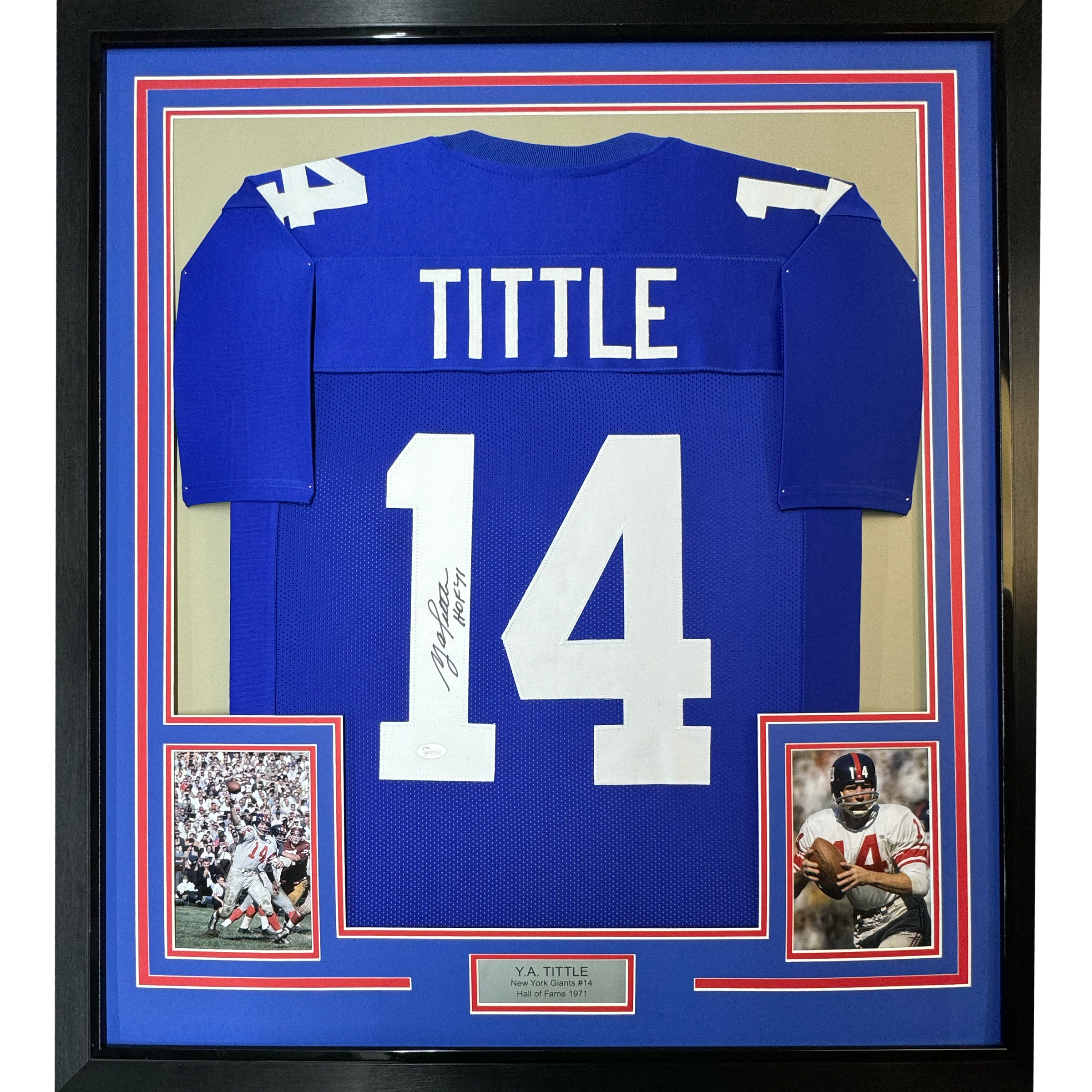 Framed Autographed/Signed YA Y.A. Tittle HOF 71 35x39 New York Blue Football Jersey JSA COA