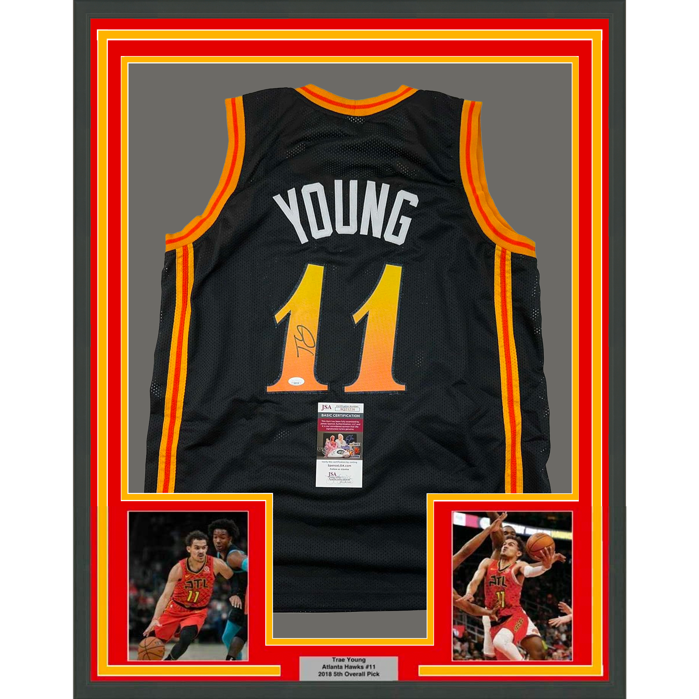 Framed Autographed/Signed Trae Young 35x39 Atlanta Black City Edition Basketball Jersey JSA COA