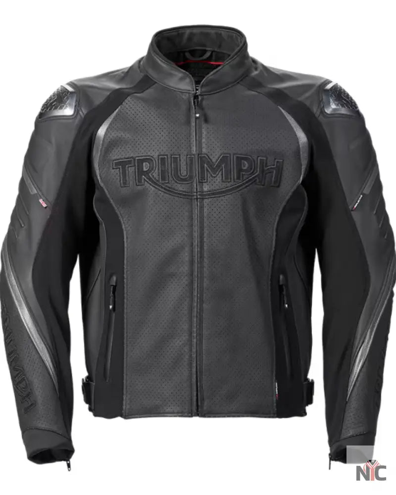Triumph Triple Perforated Black Leather Motorcycle Jacket