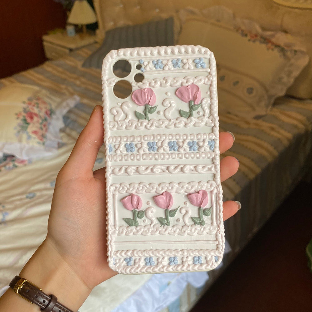 Handmade Tulip 3D oil painting retro cream mobile phone case (customizable) | ZAKAPOP