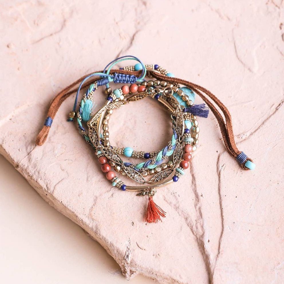 Turquoise Stackable Suede Bracelet | Mixed Beads &amp;amp; Natural Stone Bohemian Style Fashion Jewelry