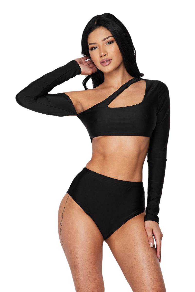 Two Piece Long Sleeve Tankini - Black