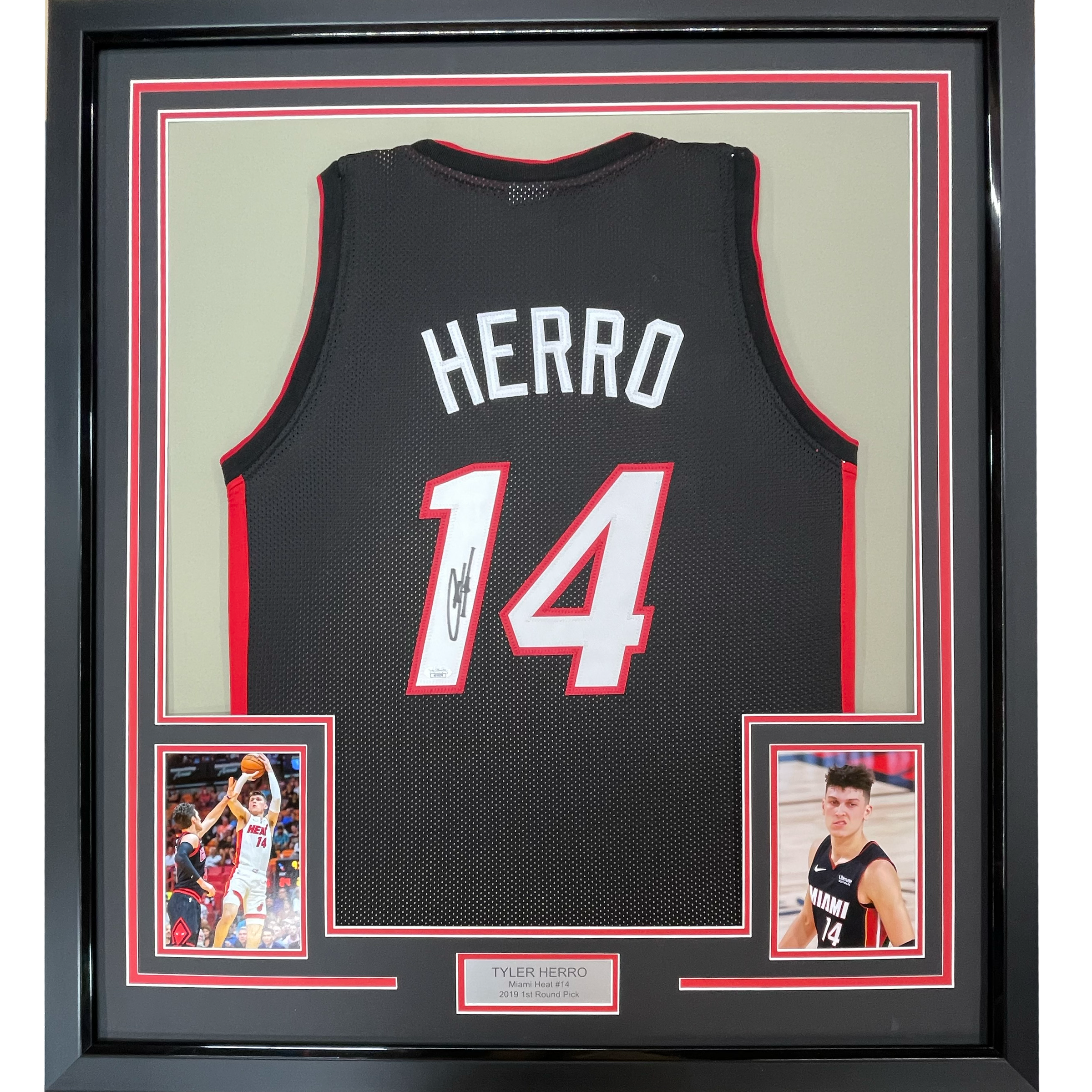 Framed Autographed/Signed Tyler Herro 35x39 Miami Black Basketball Jersey JSA COA