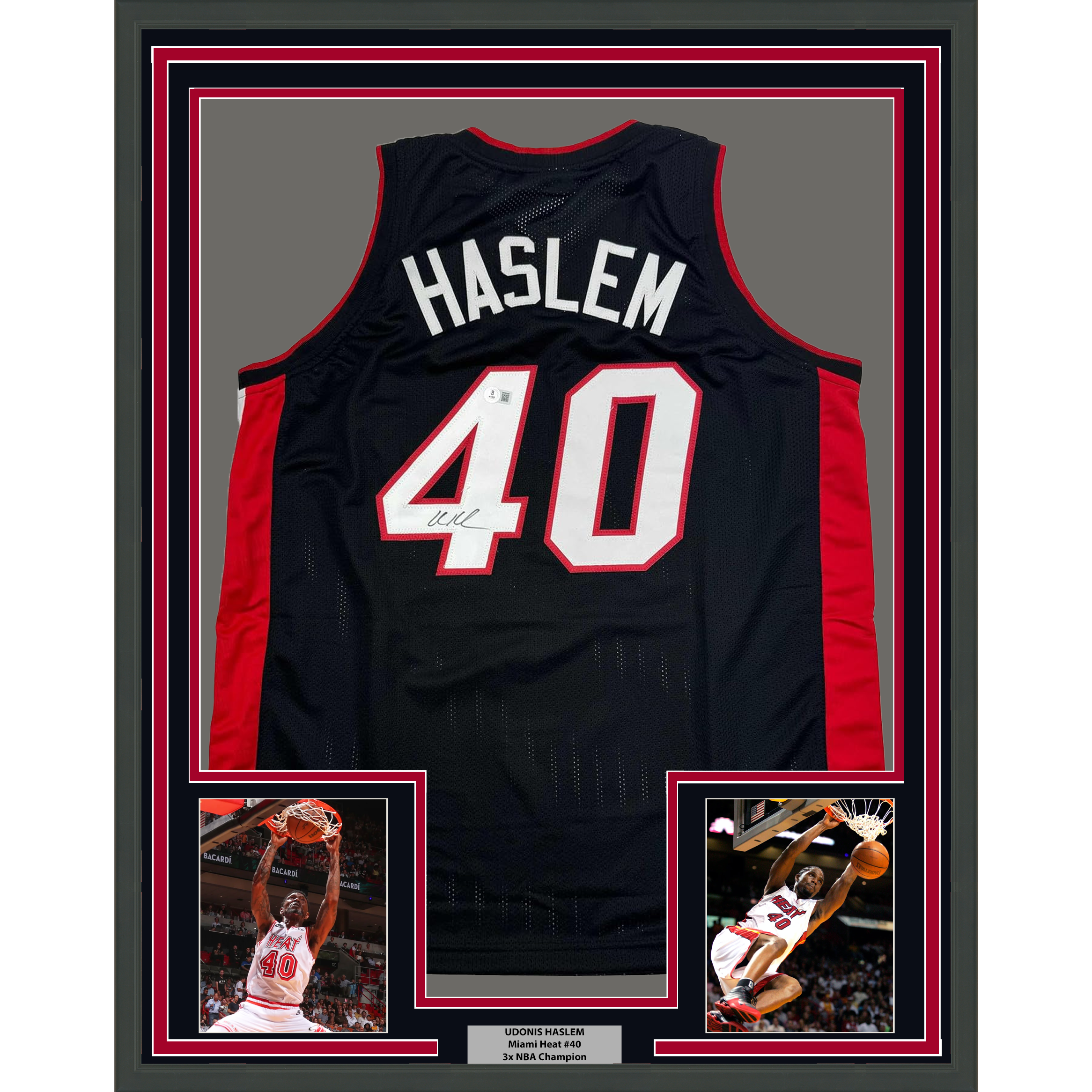 Framed Autographed/Signed Udonis Haslem 35x39 Miami Black Basketball Jersey Beckett BAS COA