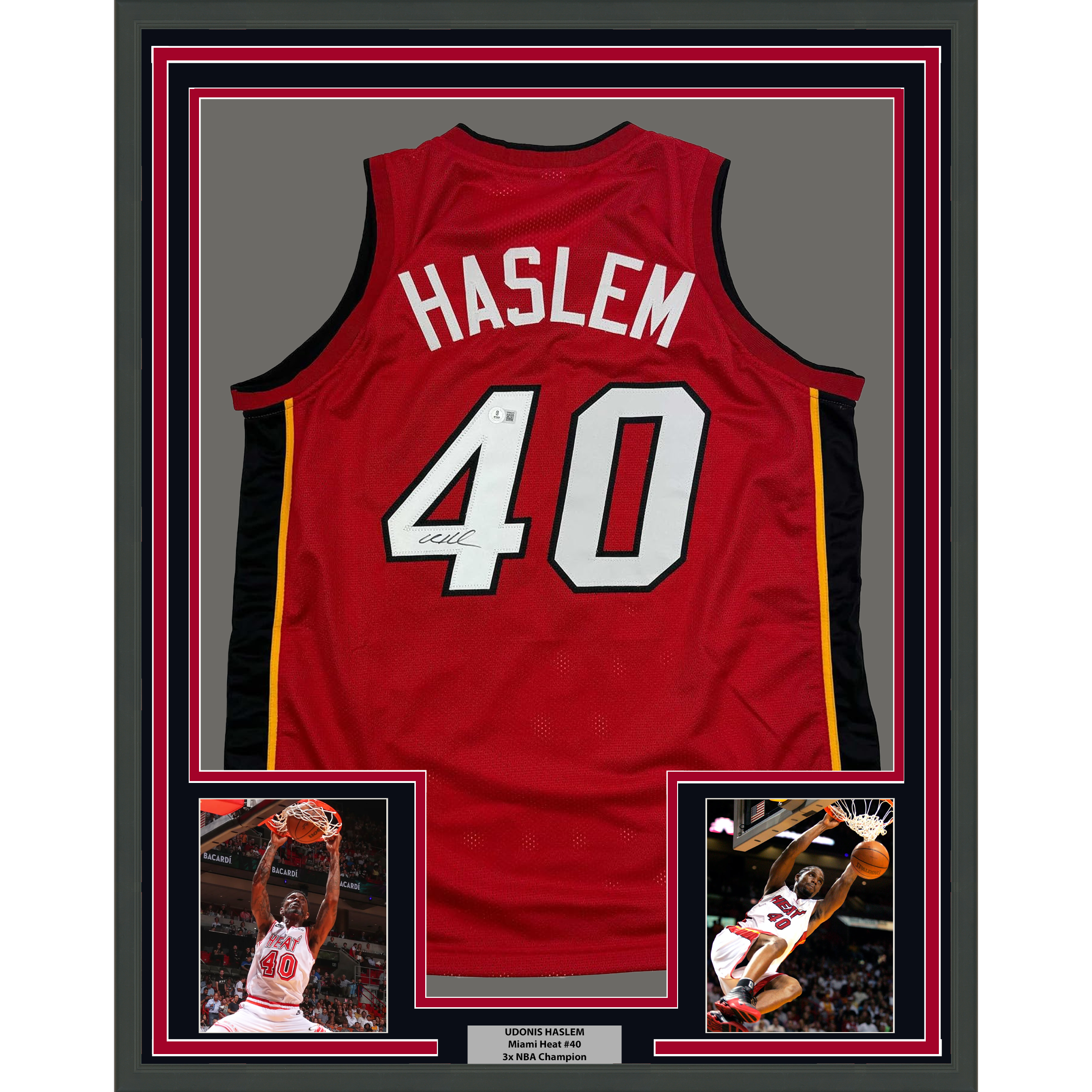 Framed Autographed/Signed Udonis Haslem 35x39 Miami Red Basketball Jersey Beckett BAS COA