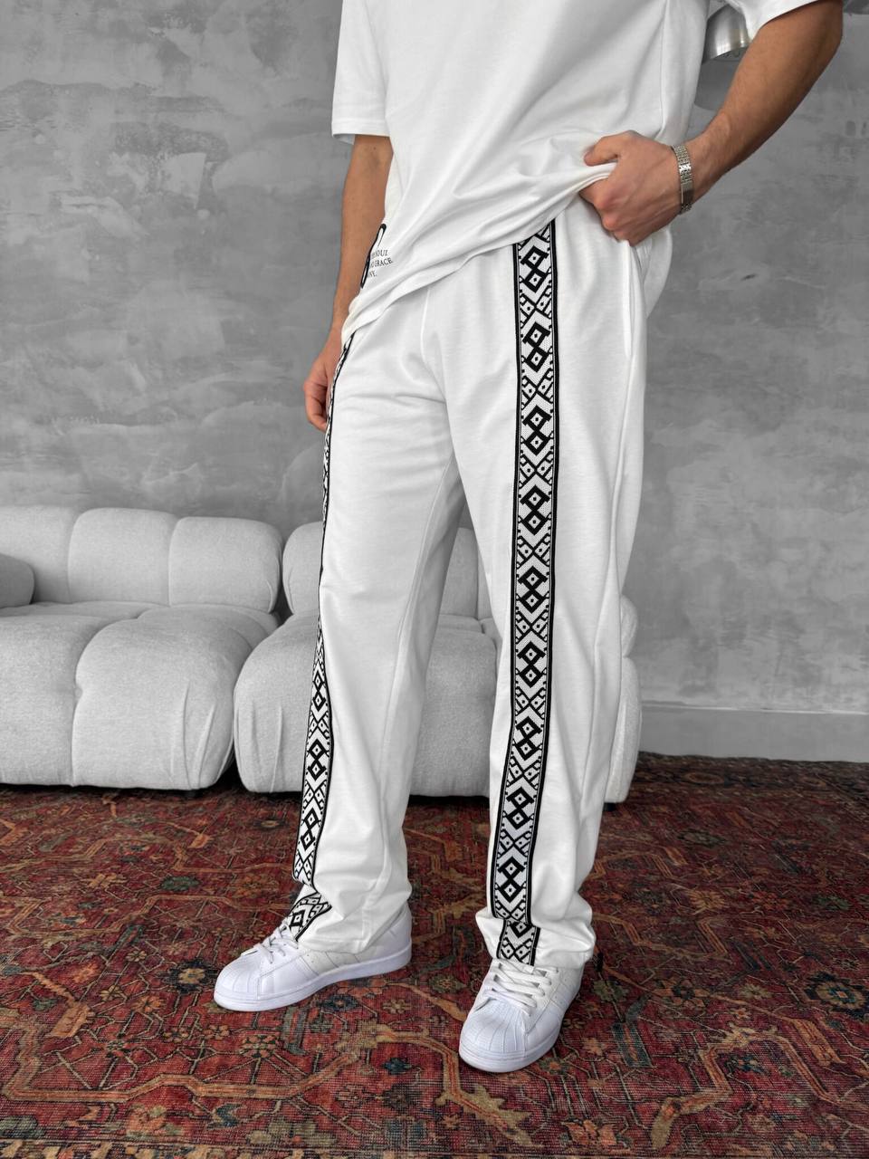 Unisex Cotton Joggers with Side Pattern / Black Streetwear Pants