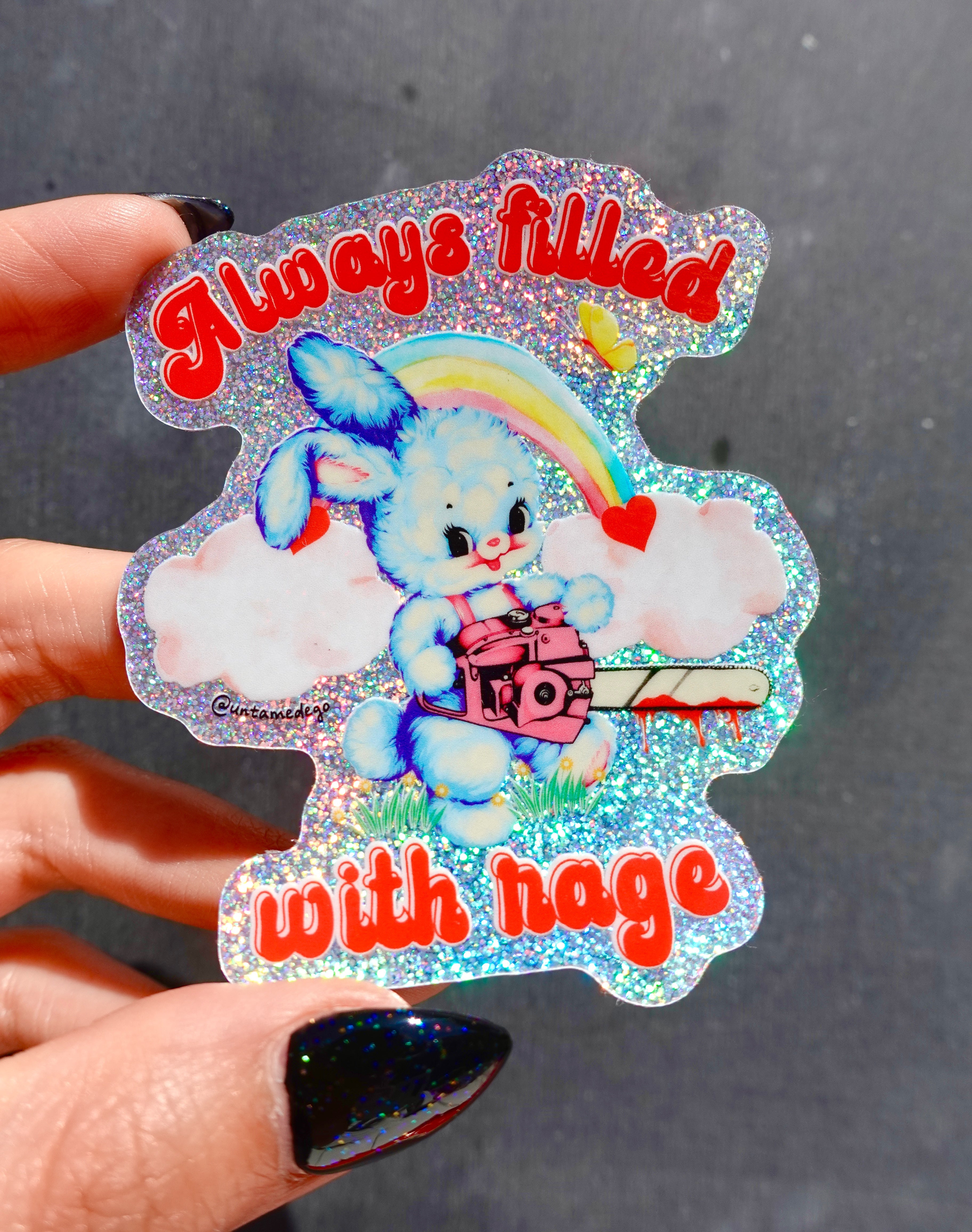 Always Filled with Rage Waterproof Vinyl Sticker – Holographic Funny Bunny Chainsaw Decal