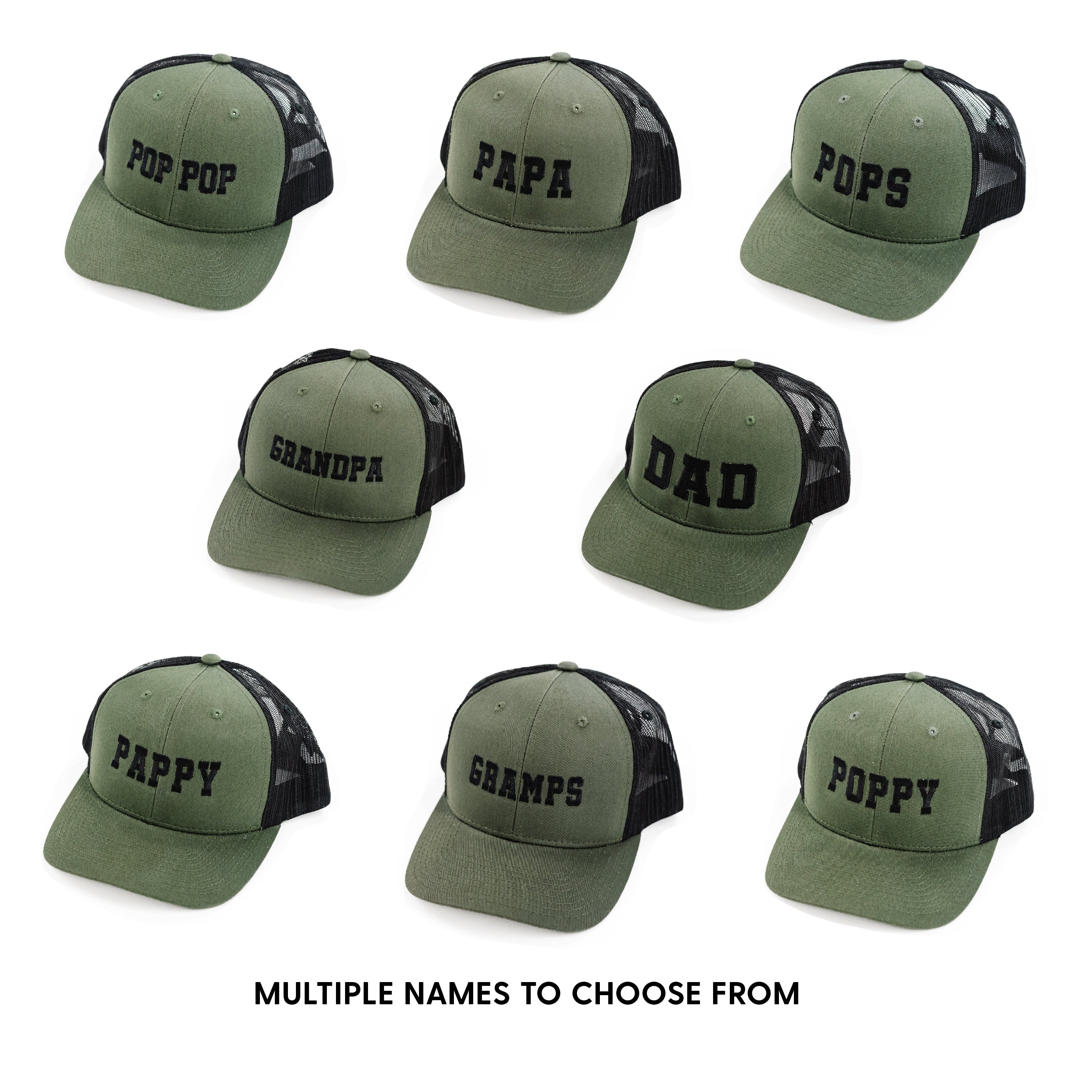 Father&amp;#39;s Day Hat - Multiple Name &amp;amp; Color Options - Snapback Hat w/ Black Thread