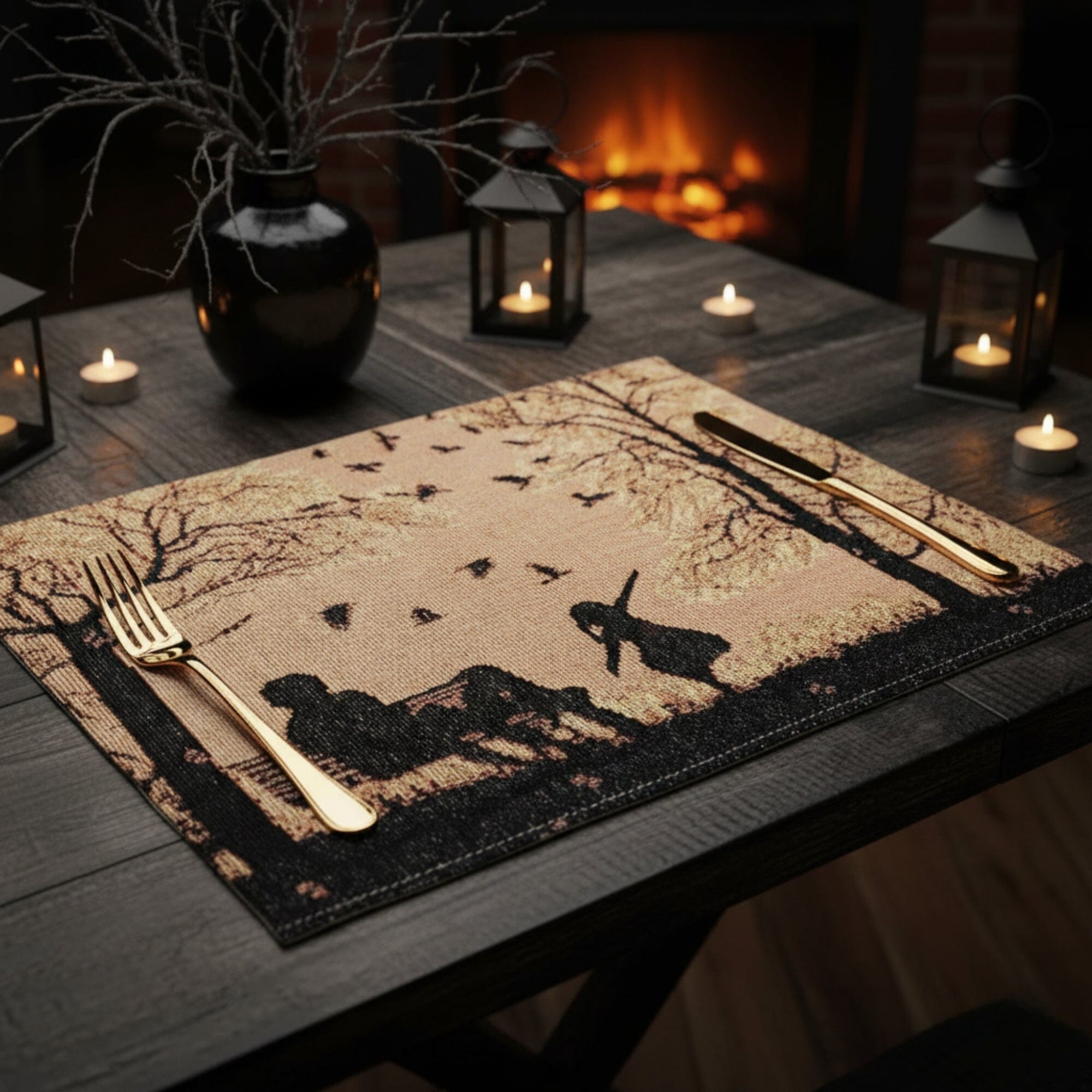 DaDalogy Bedding Set of 4 Pieces Autumn Birds Blessing Tapestry Dining Placemats 13” x 19” (Halloween)