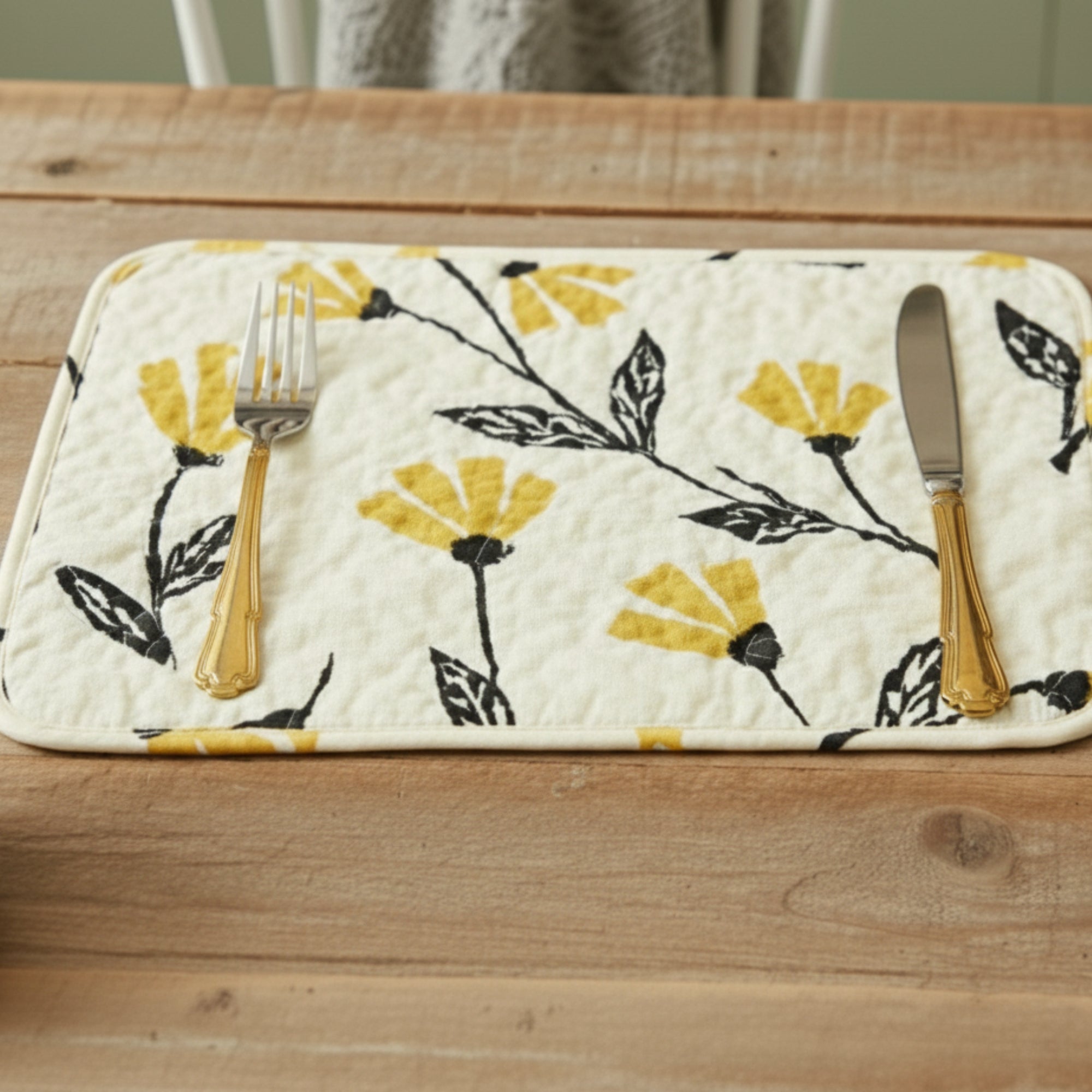 DaDa Bedding Botanical Floral Dining Table Placemats - Set of 4-Pieces Quilted Ivory with Yellow Fleur Golden Orange Spring Time Tulips - 13 x 19