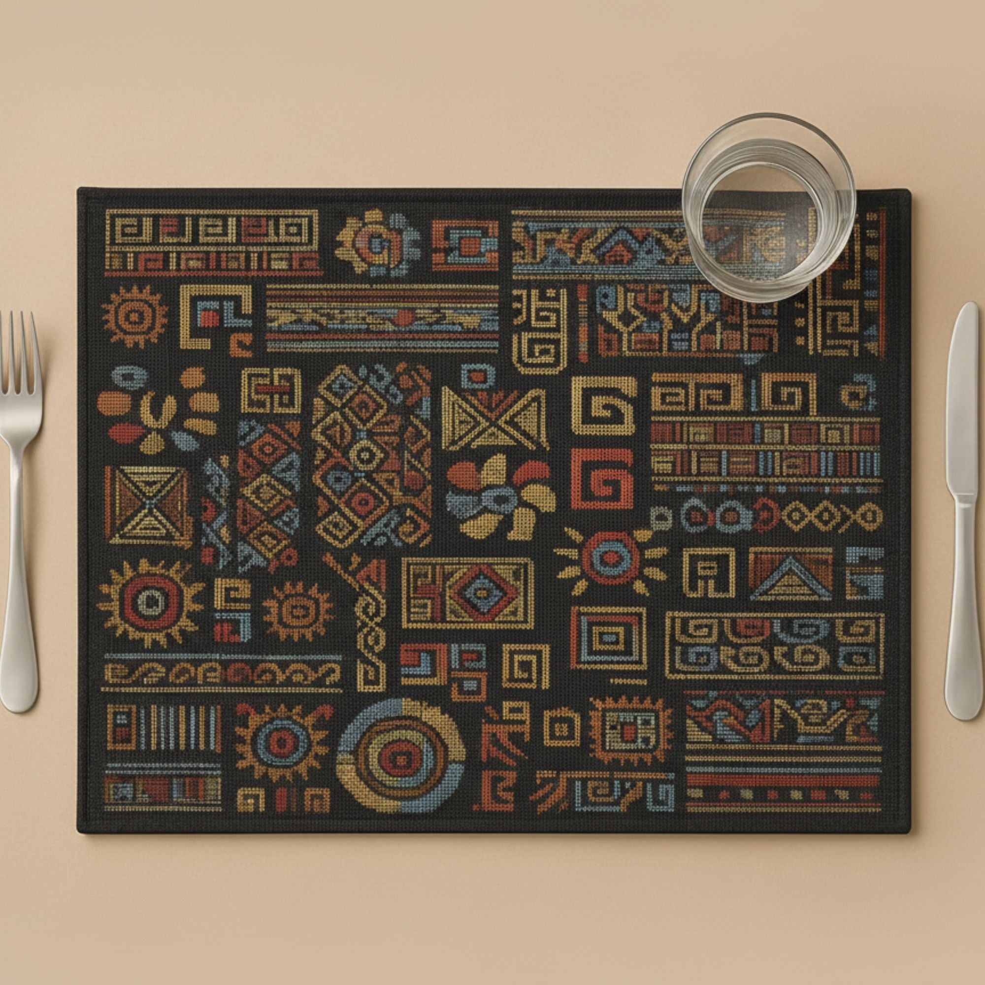 DaDa Bedding Set of 4-Pieces Ethnic Ornaments Geometric Black Tapestry Dining Placemats 13” x 19” (18118)