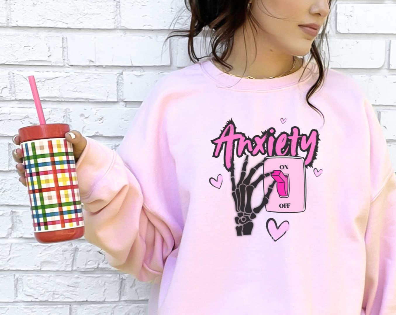 Anxiety Switch Unisex Graphic Sweatshirt - Dark Humor Crewneck in White and Pink