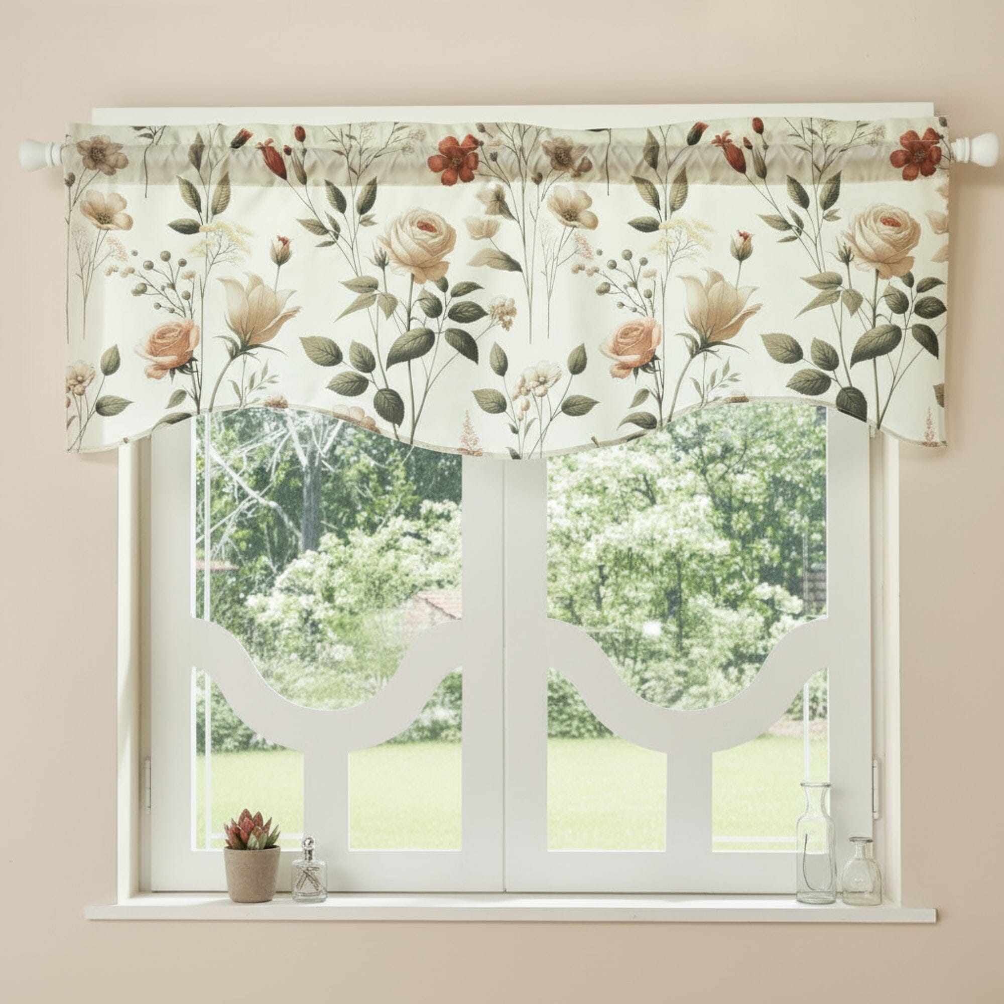 DaDa Bedding Collection Enchanted Meadow Semi-Sheer Valance - Floral Elegance in Beige, Rose, and Soft Green, Light Filtering See Through Microfiber, Rod Pocket Design, 18x52 Inches