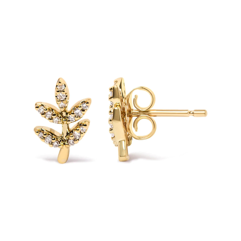 Style Loft Collection Leaf and Branch 10K Yellow Gold 1/10 Ctw Diamond Accented Stud Earrings (H-I Color, I1-I2 Clarity)