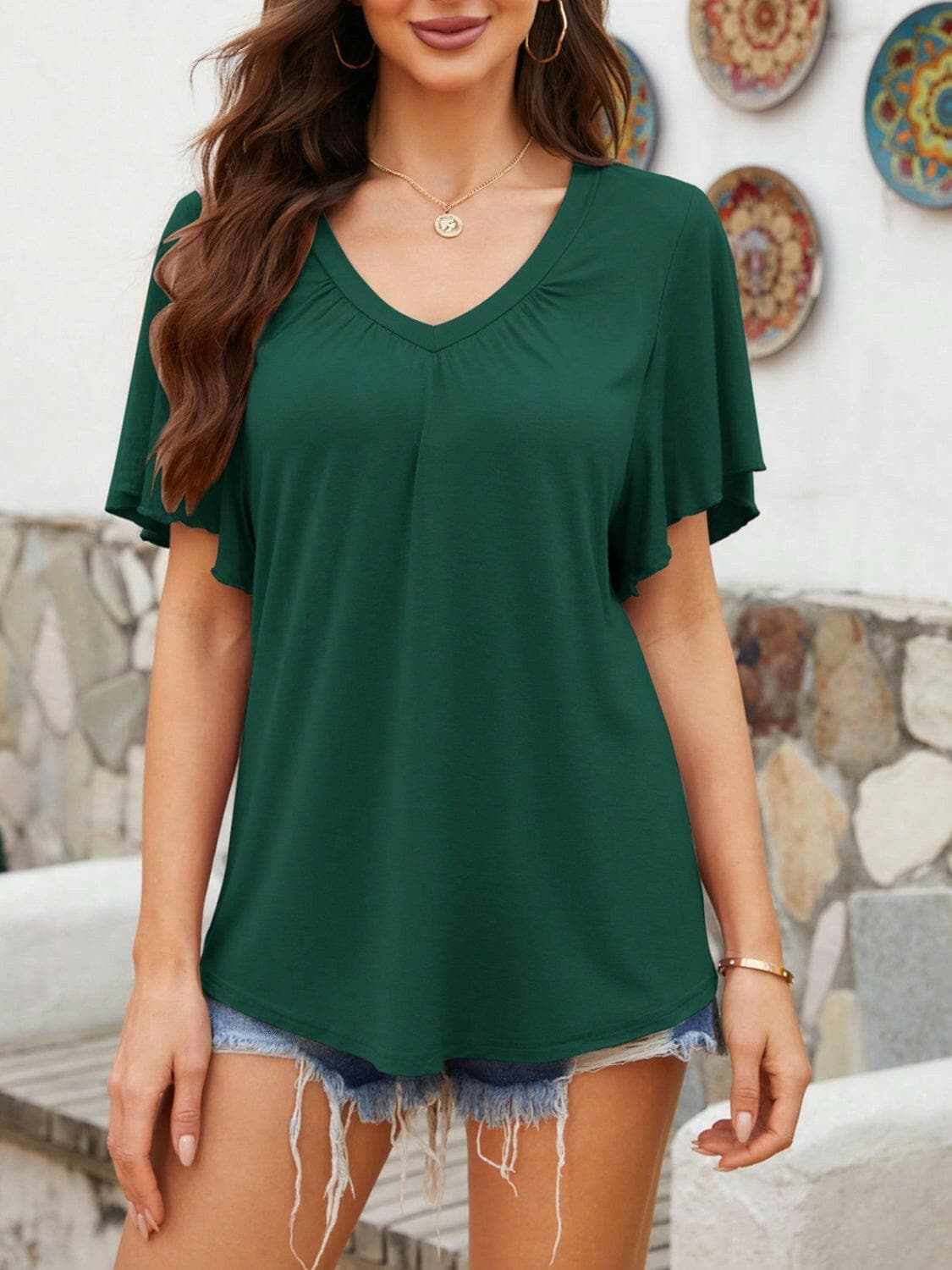 V-neck flutter sleeve t-shirt