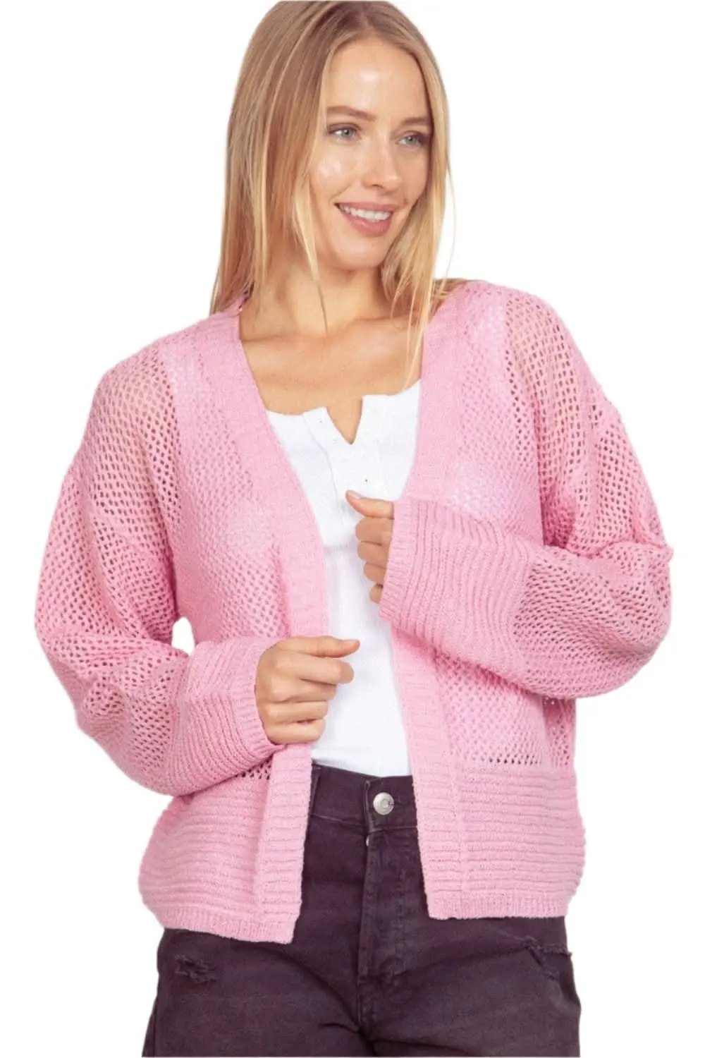 Trendsi Eyelet Cardigan Women&amp;#39;s Open Front Long Sleeve Knit Top Lightweight