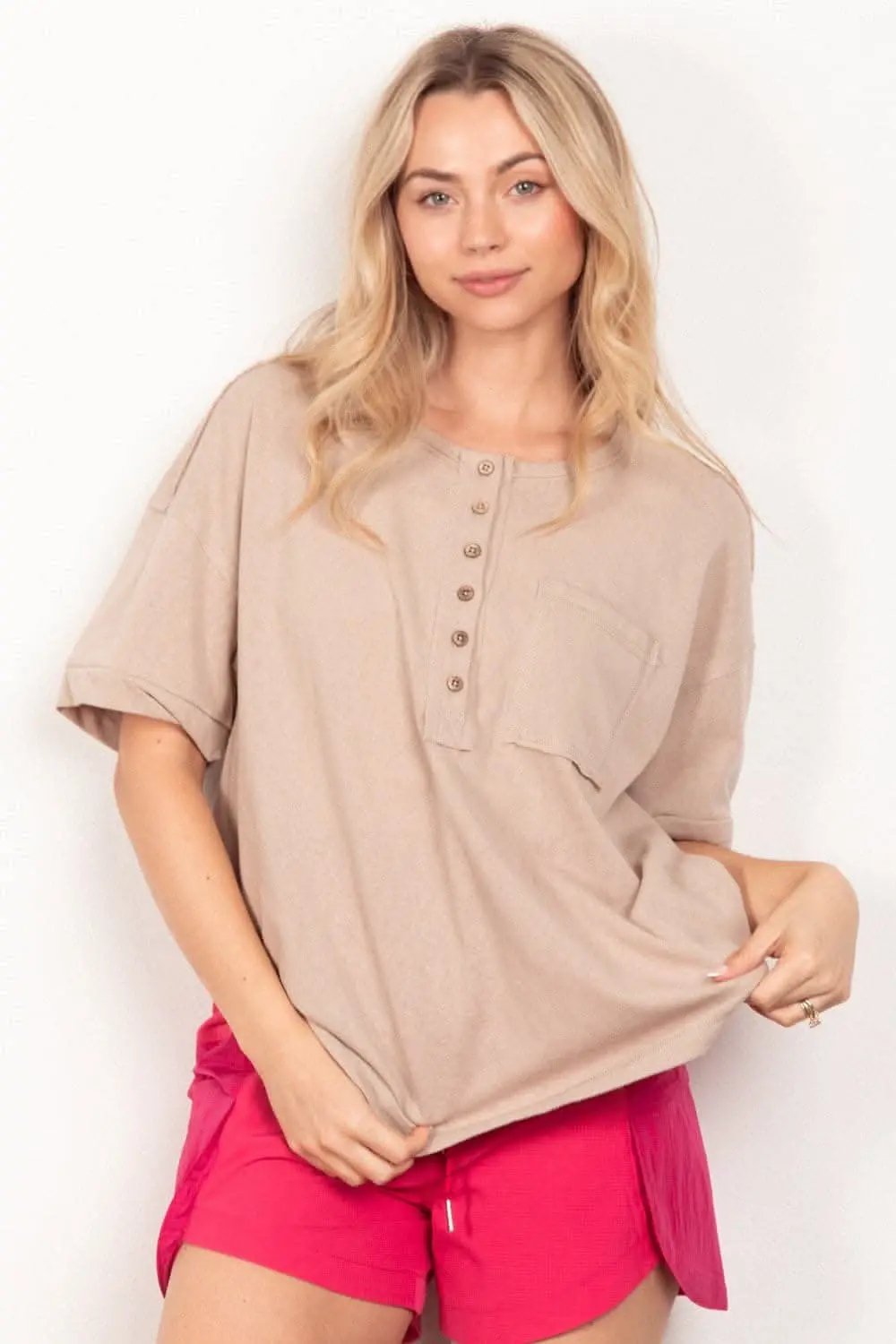 Trendsi Twisted Sleeve Top Women&amp;#39;s Casual Tee Half Button Soft T-Shirt