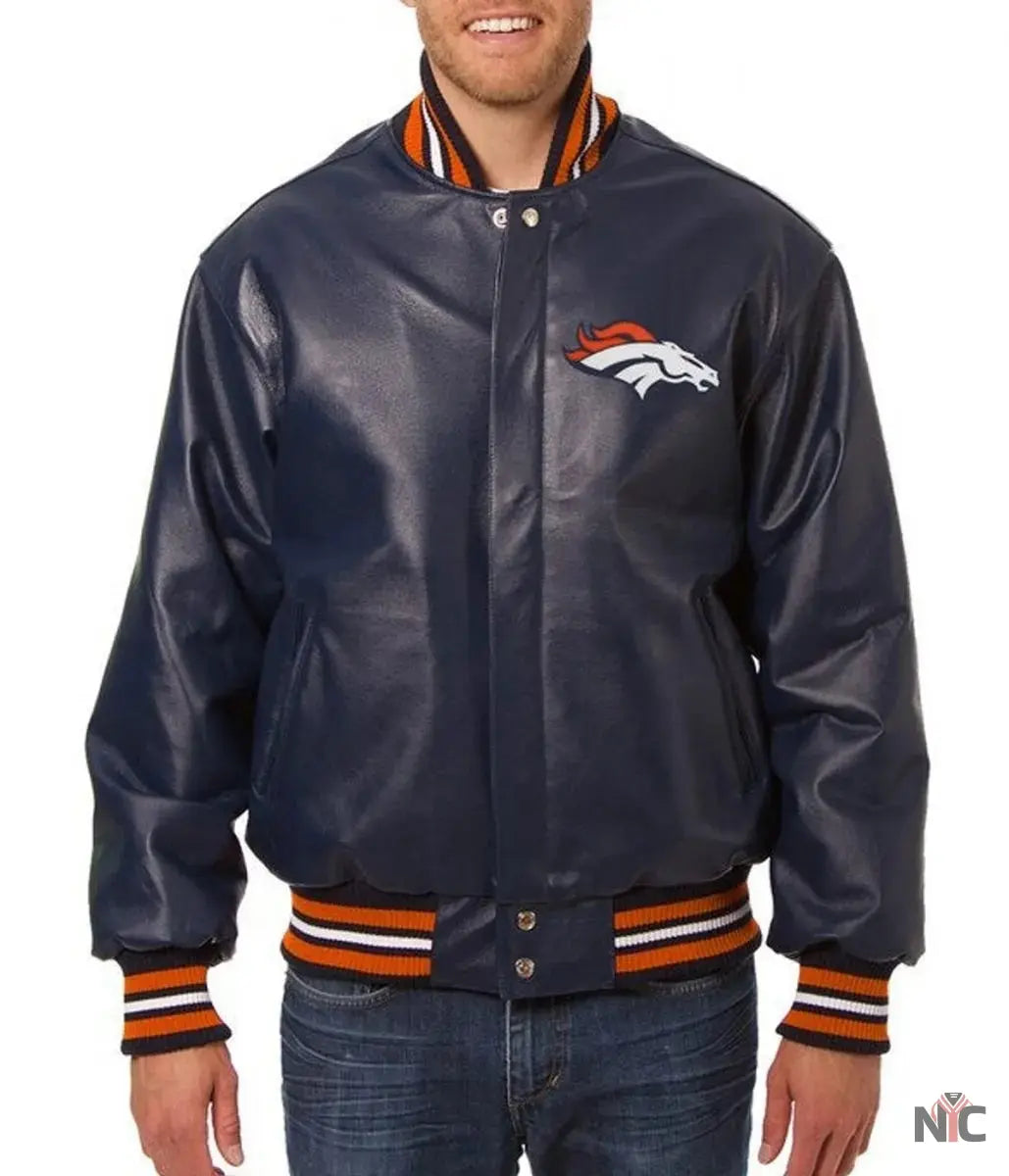 Varsity Denver Broncos Navy Blue Leather Jacket