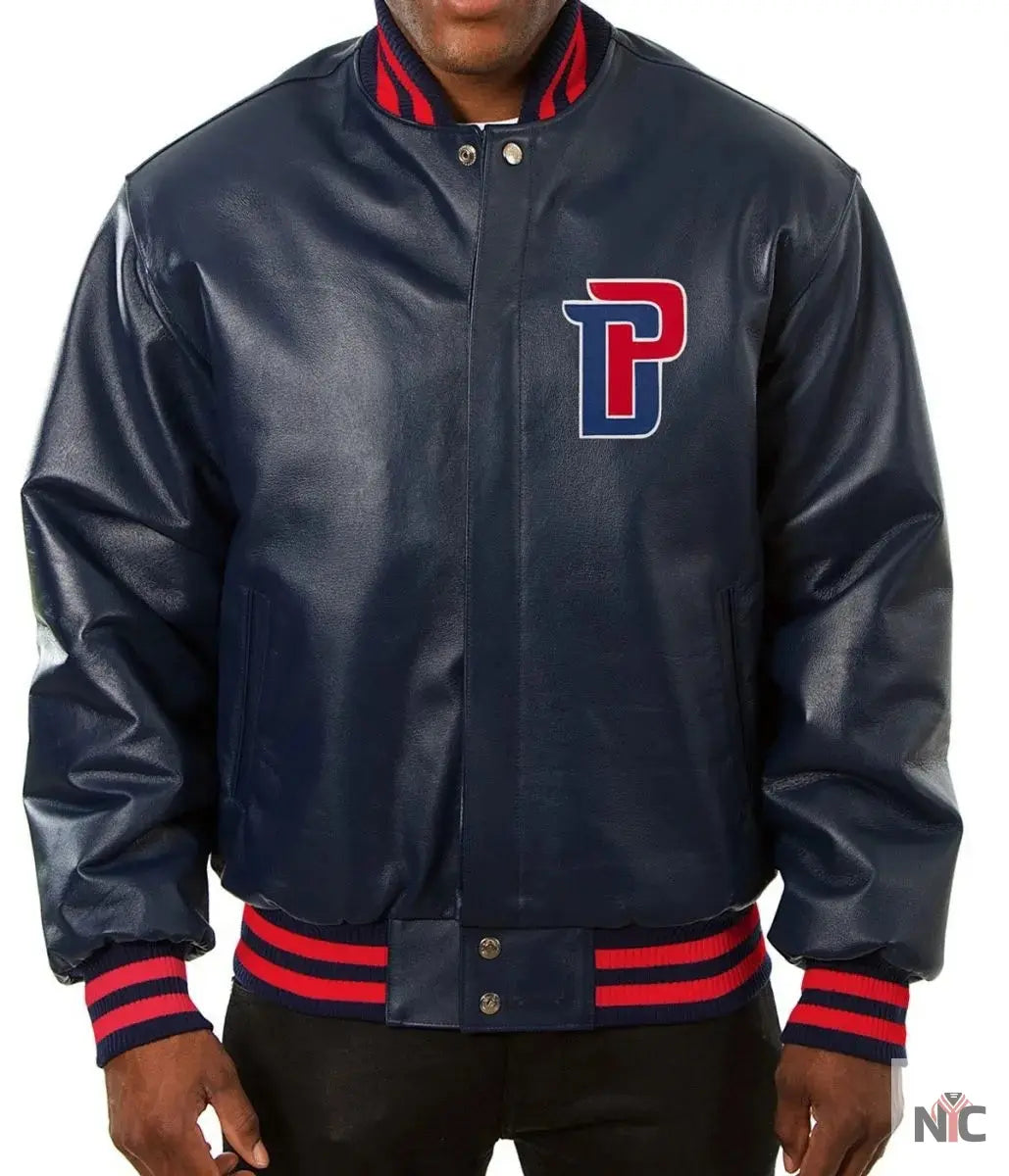 Varsity Detroit Pistons Navy Blue Leather Jacket