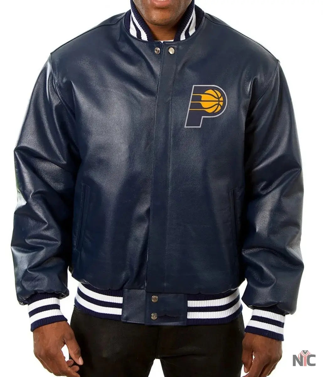 Varsity Indiana Pacers Navy Blue Leather Jacket