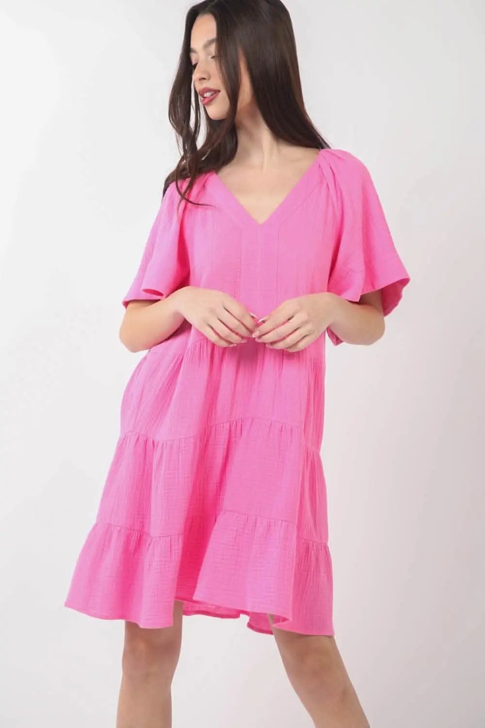 Very J Texture V-Neck Ruffled Tiered Dress for Ele