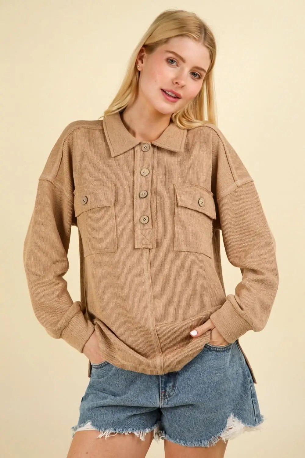 Trendsi Knit Top Women&amp;#39;s Casual Collared Shirt with Pockets Soft &amp;amp; Comfy