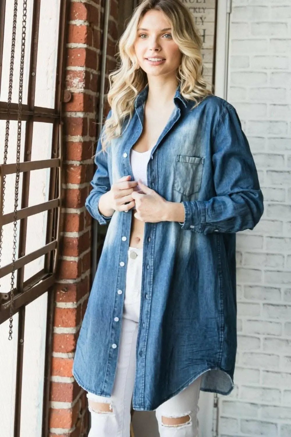 Denim Button-Up Shirt Women&amp;#39;s Casual Top Washed Finish, Versatile