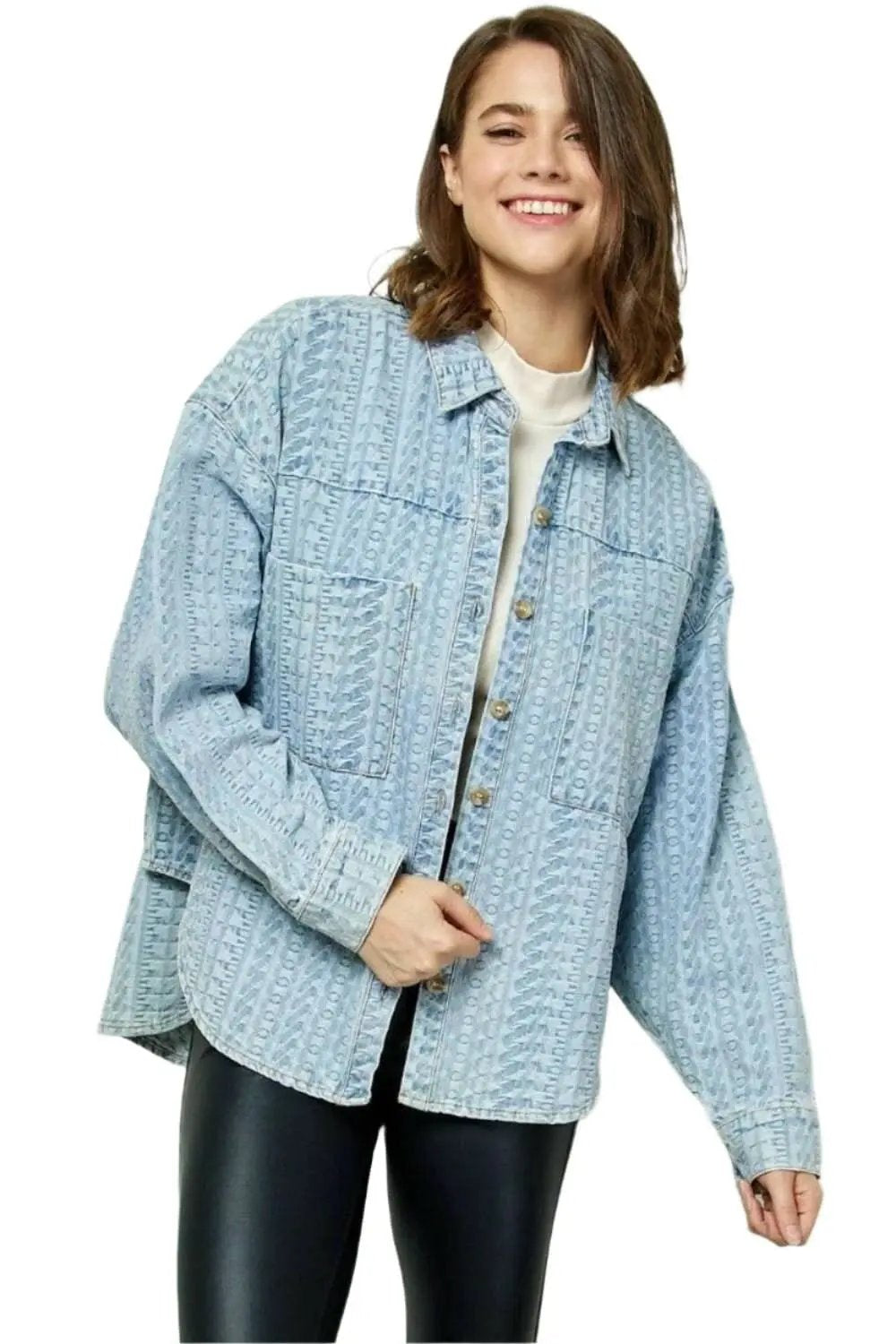 Trendsi Jeans &amp;amp; Denim - Veveret Denim Dropped Shoulder Button-Up Top w