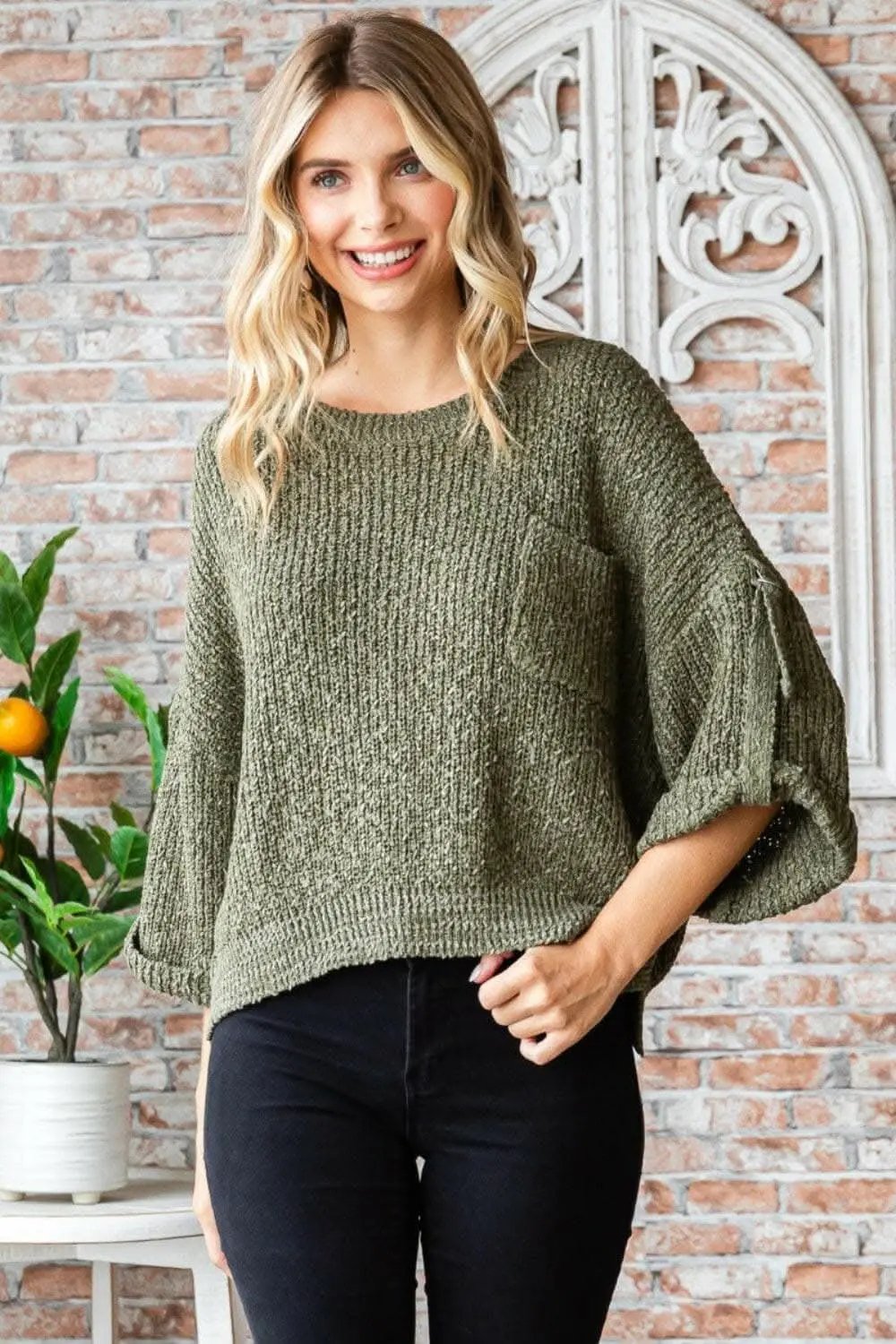 Trendsi Veveret Round Neck Roll-Up Sweater