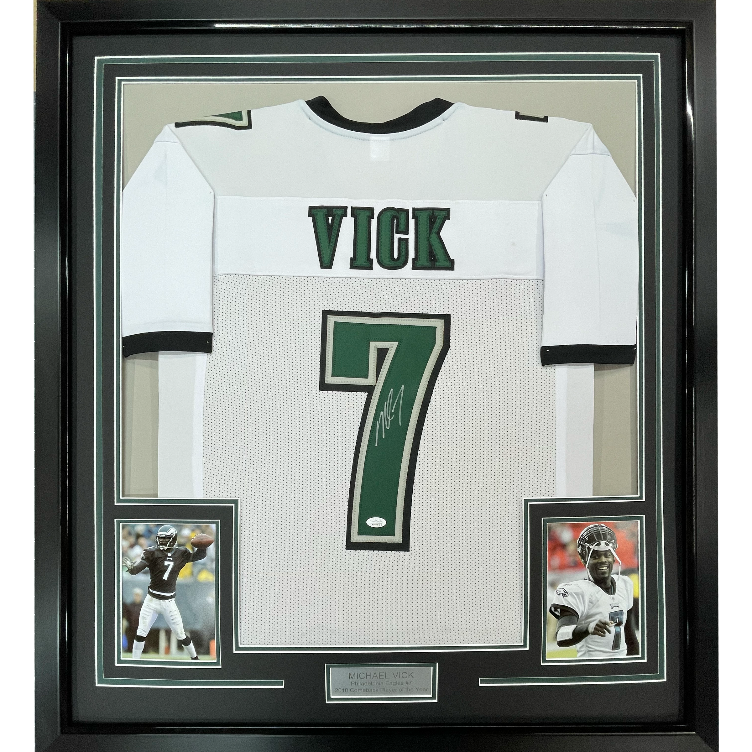 Framed Autographed/Signed Michael Mike Vick 35x39 Philadelphia White Football Jersey PSA/DNA COA