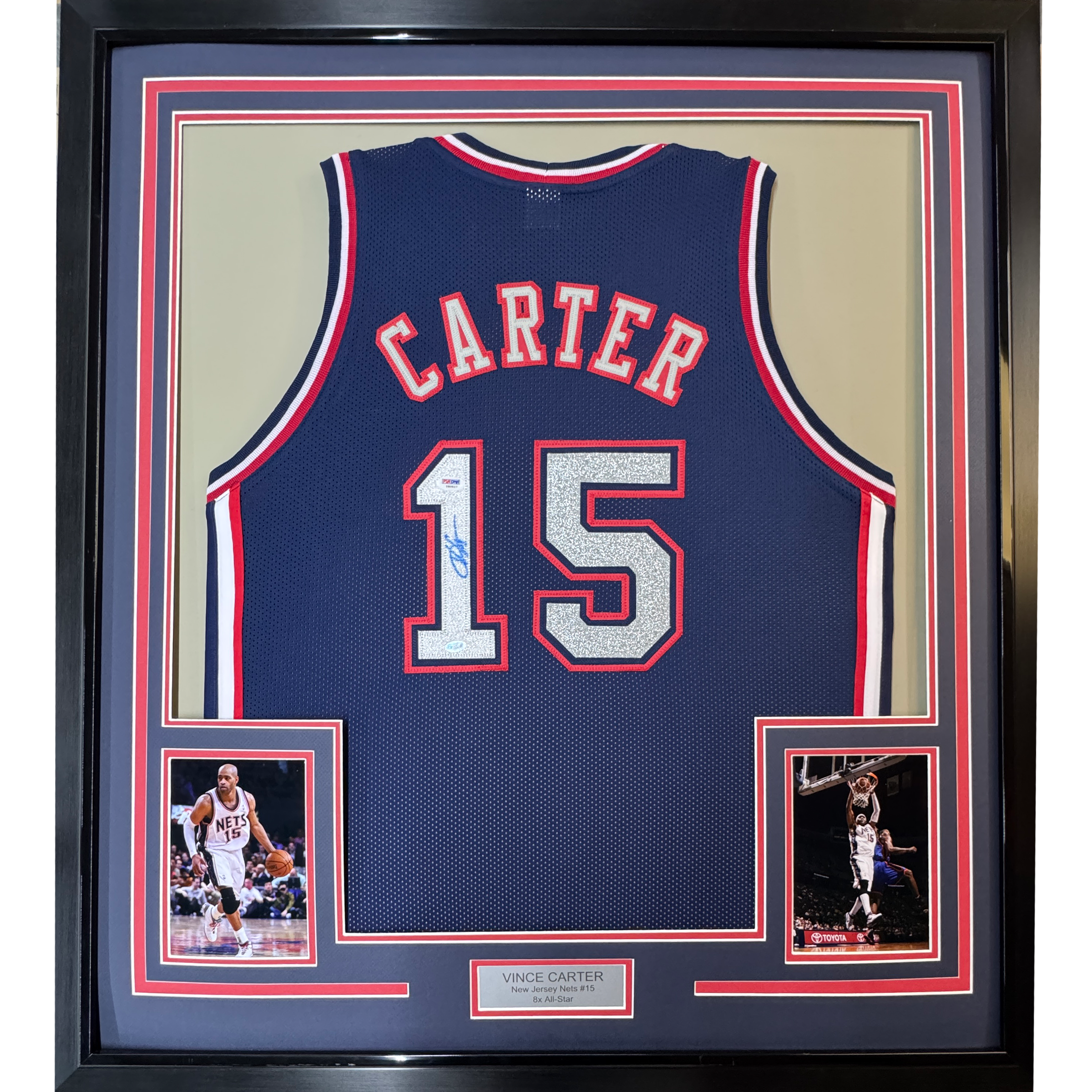 Framed Autographed/Signed Vince Carter 35x39 New Jersey NJ Navy Blue Basketball Jersey PSA/DNA COA