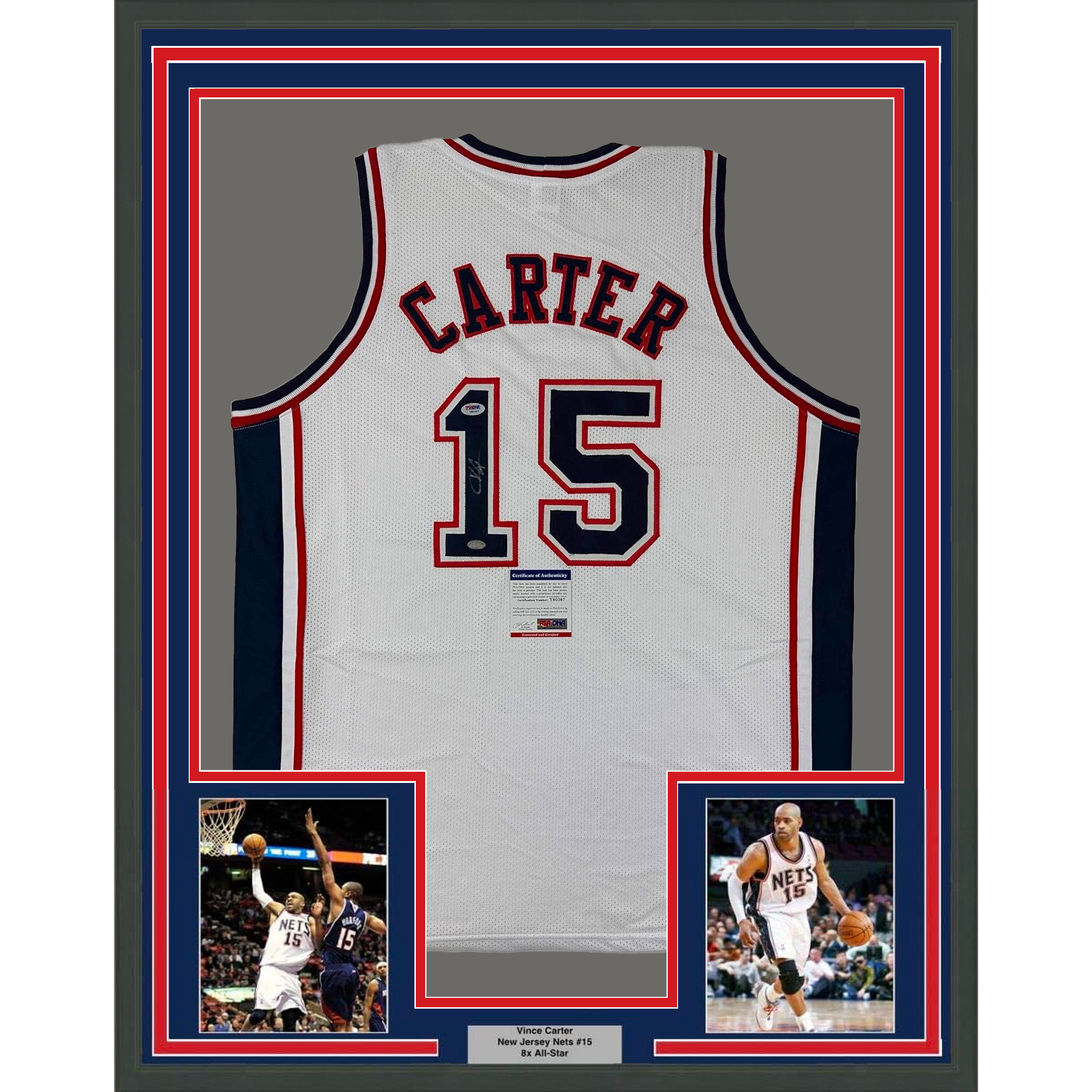Framed Autographed/Signed Vince Carter 35x39 New Jersey NJ White Basketball Jersey PSA/DNA COA