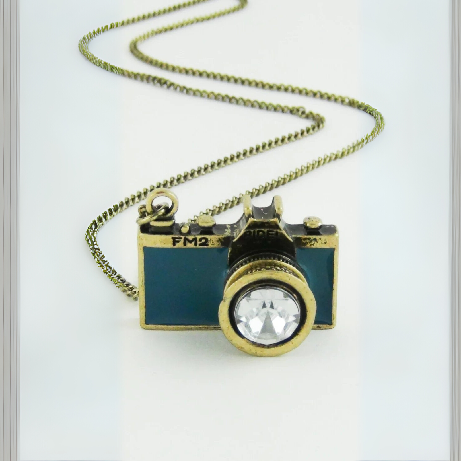 Vintage Camera Necklace in Teal | Antique Brass Long Chain