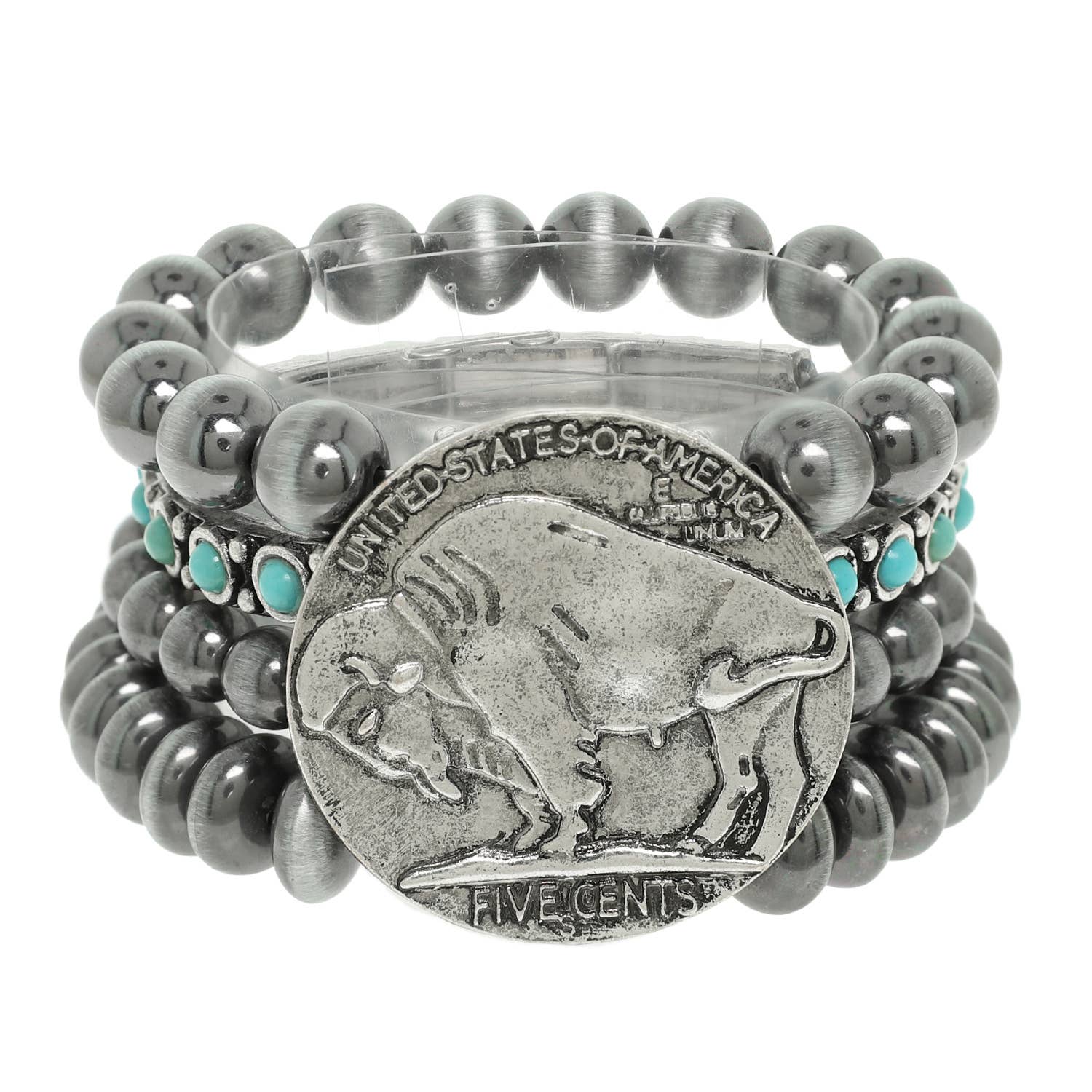 Vintage Style Buffalo Coin Pearl Bead Bracelet | Cowgirl Western Boho Bison Coin Beaded Stacked Stretch Bracelet