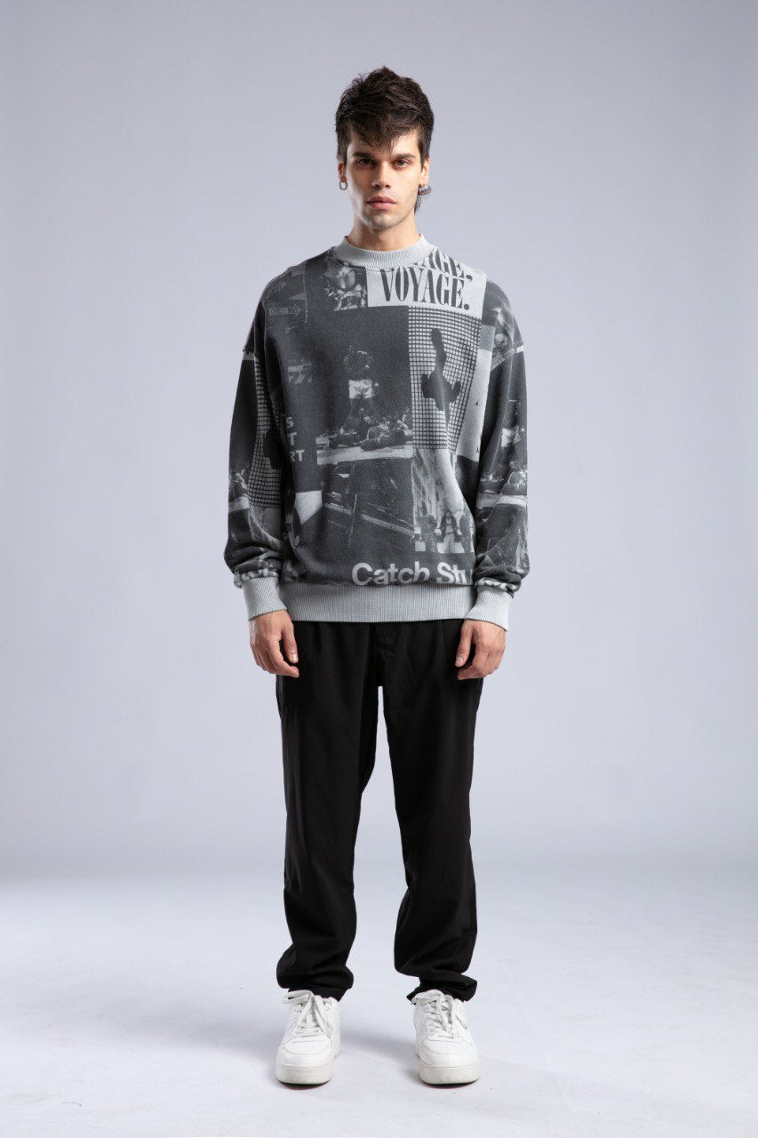 Vintage Wash Graphic Print Sweatshirt - Oversized &amp;quot;VOYAGE&amp;quot; Crewneck