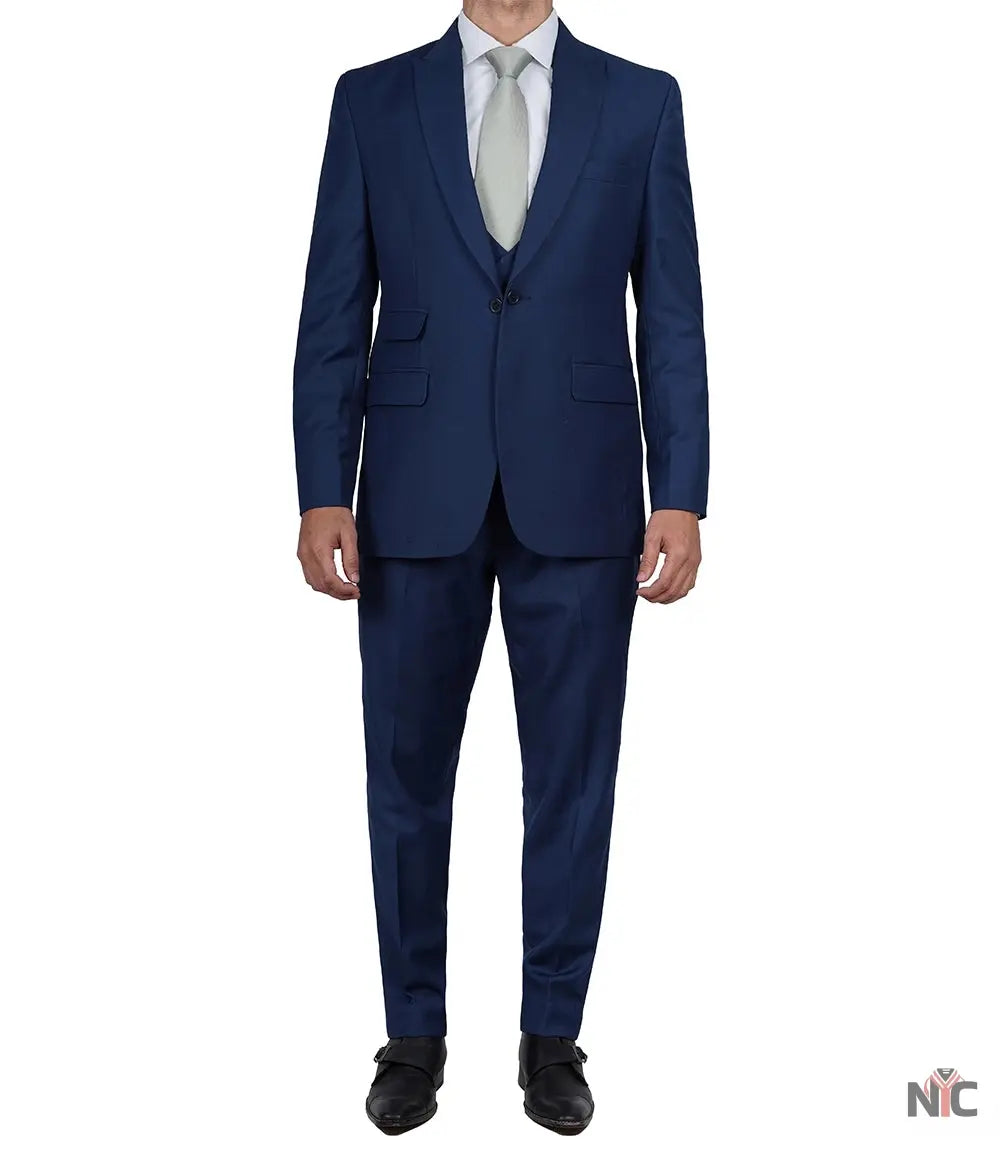 Vollmer Men&amp;#39;s Blue Peak Lapel Three Piece Suit
