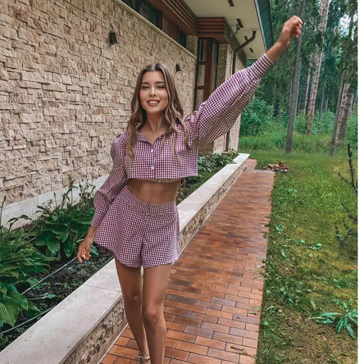 Style Loft Collection Autumn Hayride Checkered Crop Top Short Set
