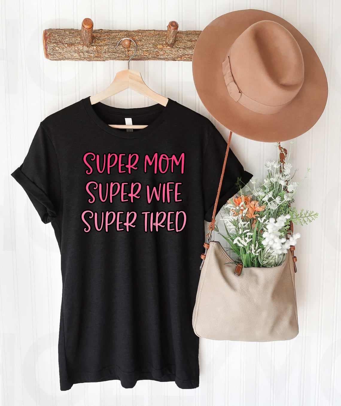SUPER MOM SUPER WIFE SUPER TIRED GRAPHIC TEE